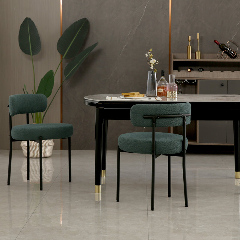 Short Plush Upholstered Metal Dining Chairs, Green