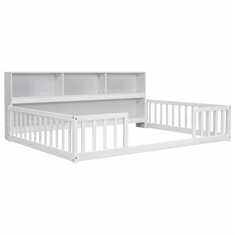 Lit sur pied avec bibliothèque de chevet, tablettes et garde-corps, Blanc, Lit double