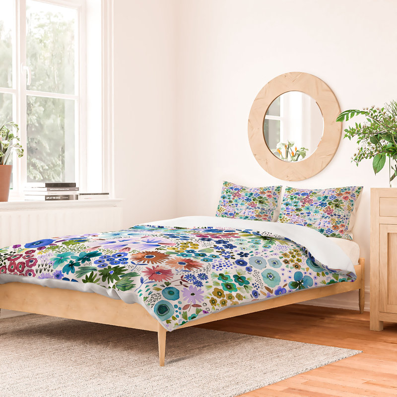 Ensemble de housse de couette en coton mauve / vert / bleu Ninola, Housse de couette double + 2 taies décoratives st