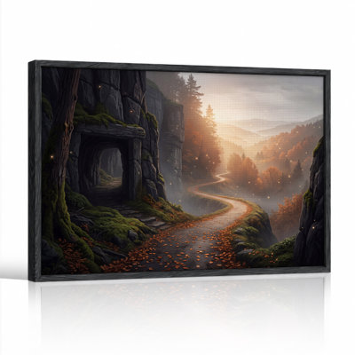 Misty Forest Path With Stone Archway And Glowing Lights Canvas Wall Art