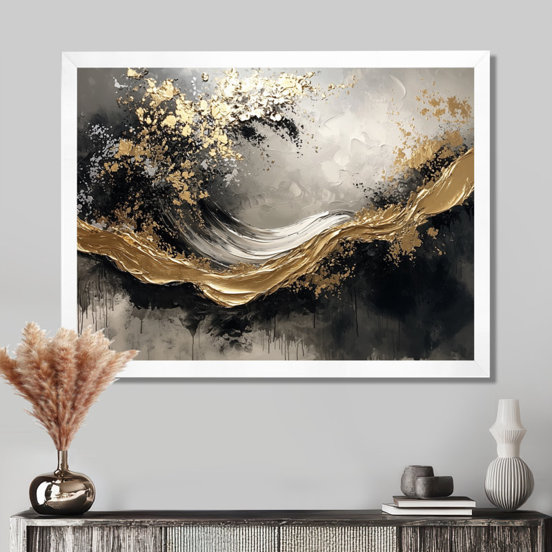 Abstrait fugue dorée et noire en couleur II - Abstrait moderne, art mural, H 34 po x l 44 po, Cadre simple, Blanc
