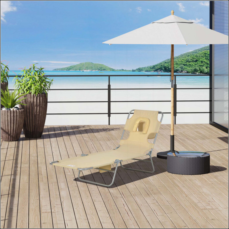 Folding Beach Lounge Chair With Face Hole And Arm Slots, 5-Level Adjustable Sun Lounger Tanning Chair With Pillow For Patio, Garden, Beach, Pool