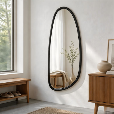 Black Mango Wood Organic Wall Mirror Irregular Artistic Shape Natural Wood Grain Frame Large Decorative Dressing Mirror