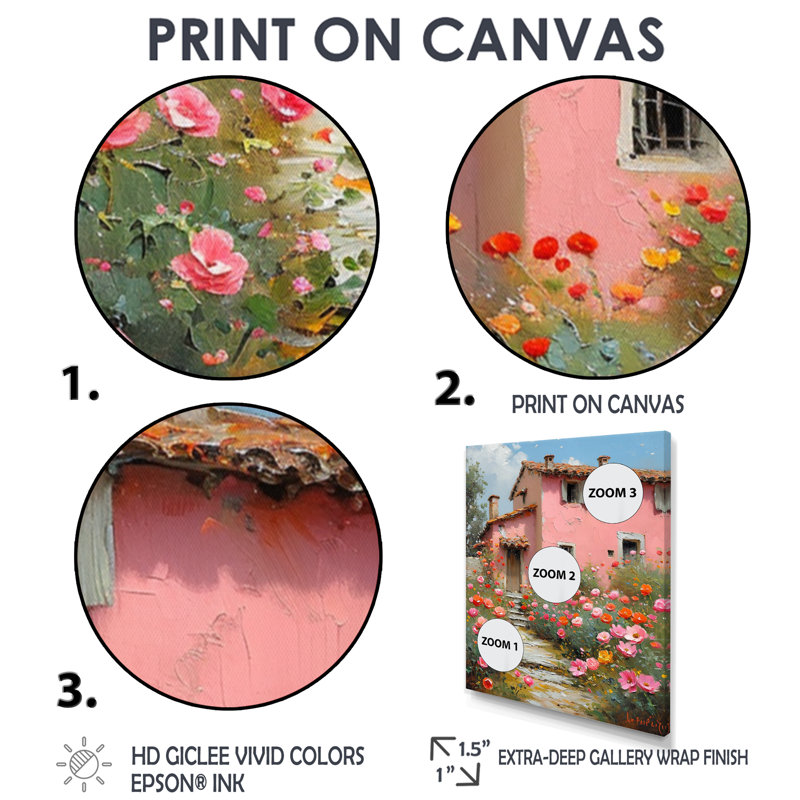 «Pink Country House», art mural campagne, Toile avec cadre flottant noir, H 20 po x l 12 po x P 1 po