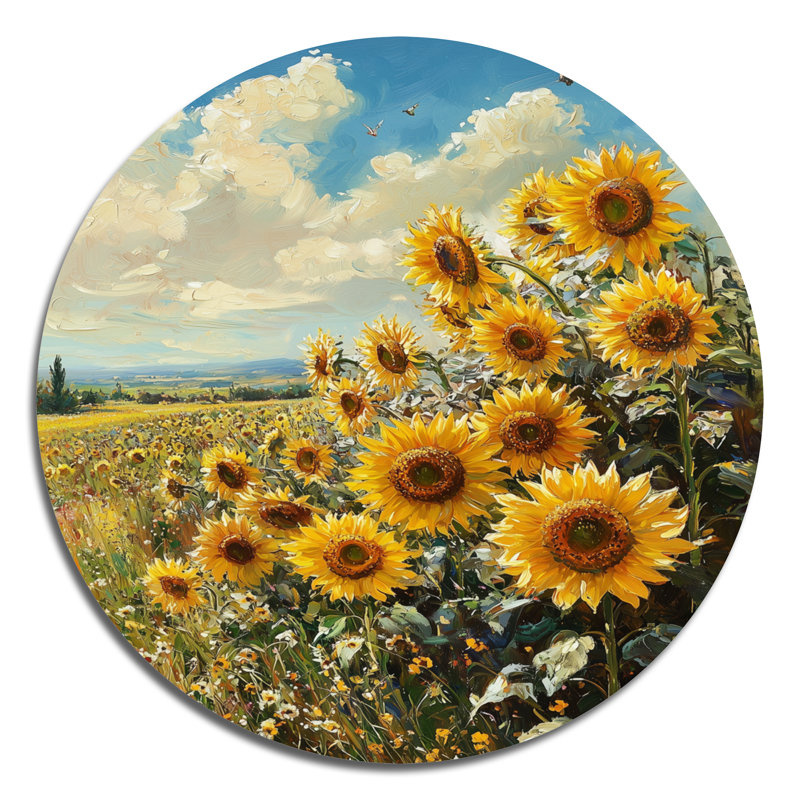 «White Meadow of Sunflowers II», art mural traditionnel en métal jaune, H 23 po x l 23 po