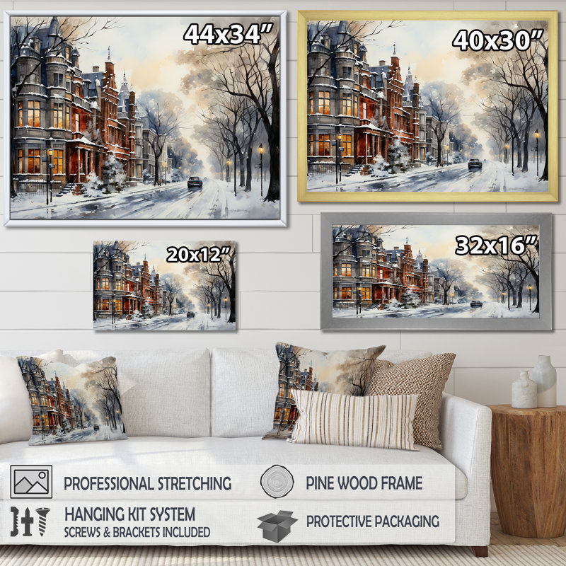 Paysage d'hiver de la ville russe II - Paysage d'hiver, Cadre doré à coins fermés, H 34 po x l 44 po x P 1,5 po