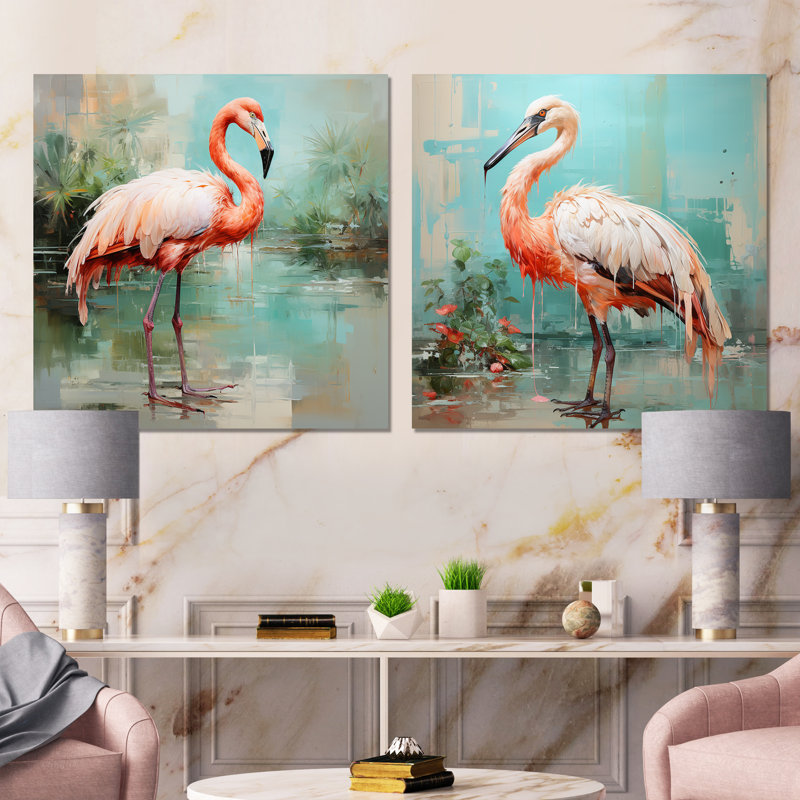 Pink And Green Flamingo Elegance I - Flamingo Canvas Prints Set Of 2, 16" H x 33" W x 1" D, Wrapped Canvas
