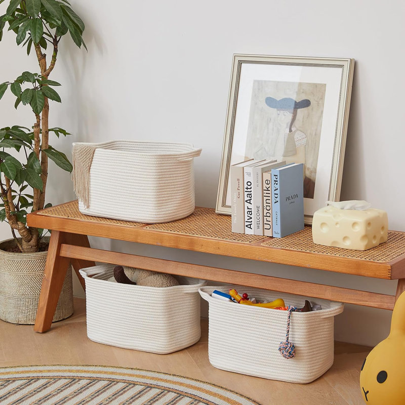 Set of 3 Off-White Cotton Rope Rectangular Storage Baskets