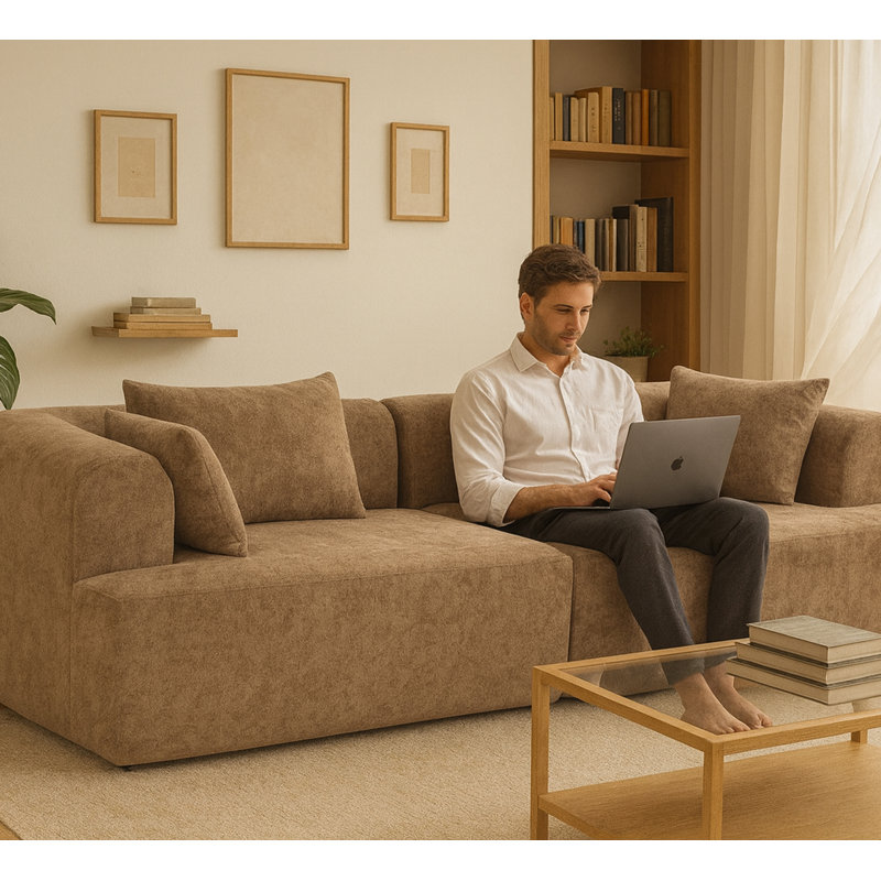 96" Oversize Modern Upholstered Modular Compressed Sofa, Brown