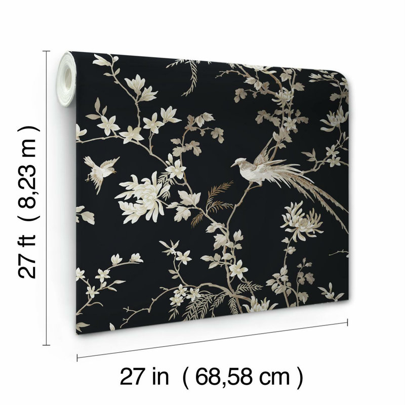 Bird And Blossom Chinoserie 27'27" Smooth Wallpaper Roll, Black