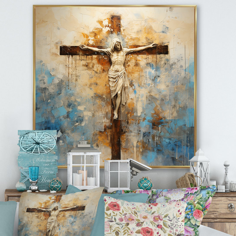 Minimalisme, croix religieuse de Jésus sur toile, H 16 po x l 16 po x P 1 po, Cadre flottant doré