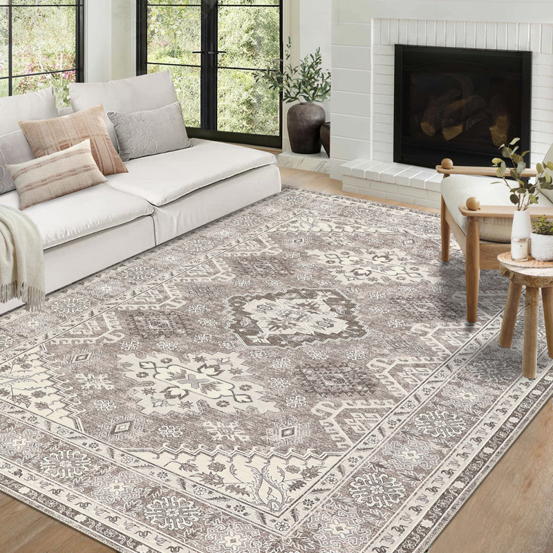 Machine Washable Rugs Vintage Non-Slip Low Pile Rubber Backing Area Rug for Living Room Bedroom Kitchen Dining Room Dorm and Bedside Decor