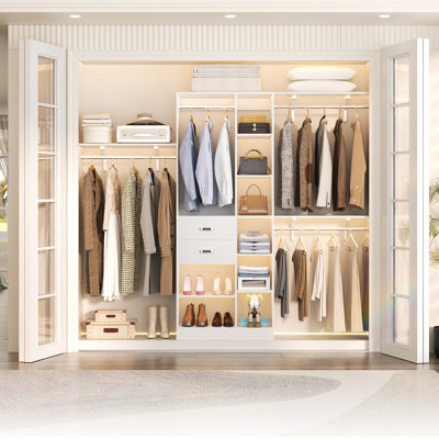 Rhandy 96" Closet System With Wooden Drawers & 12 Shelves (Adjustable Width)