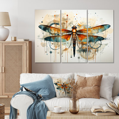 " Orange Dragonfly Insects Flight Geometric II " 3 Piece Art Mixed Media Print