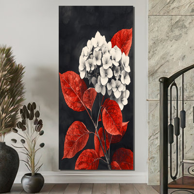 Hortensias monochromes avec feuilles rouges II - hydrangées grand art mural