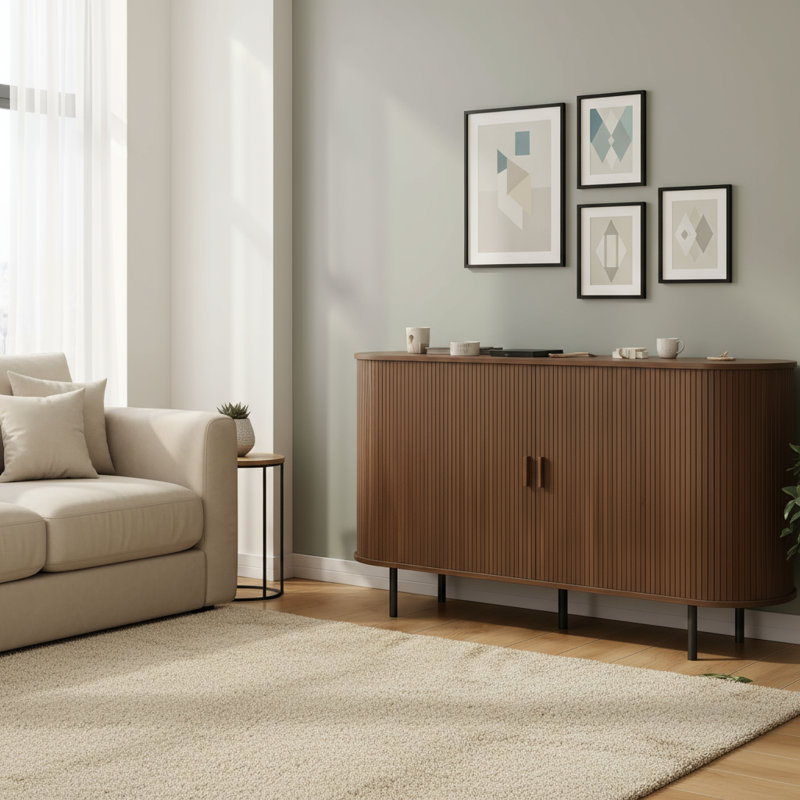 Ce buffet moderne de couleur noyer est doté de portes coulissantes et de tablettes réglables pour un rangement flexible. Il peut servir de bar ou de table d'entrée, offrant à la fois élégance et fonctionnalité.