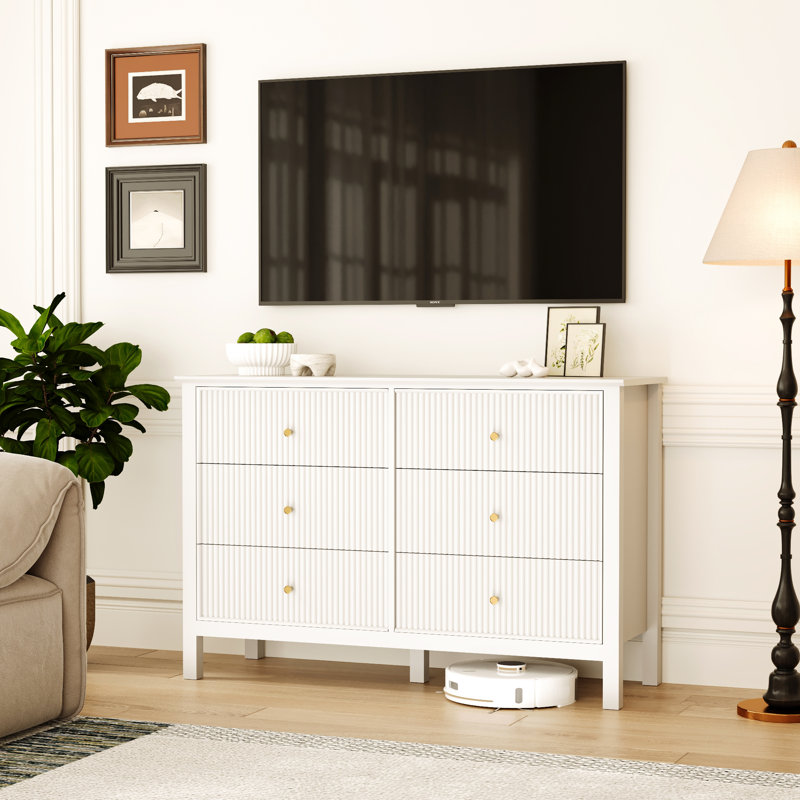 Modern Fluted 6 Drawer Dresser, White