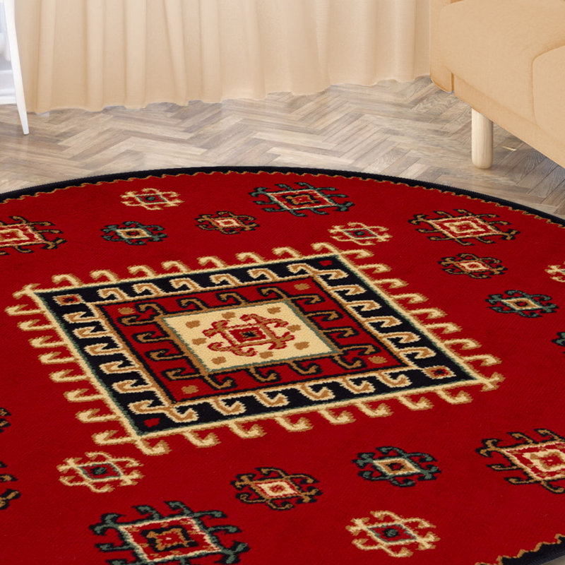 Tapis noir / ivoire / rouge à motif géométrique Padillo, Rond 5 pi, Red