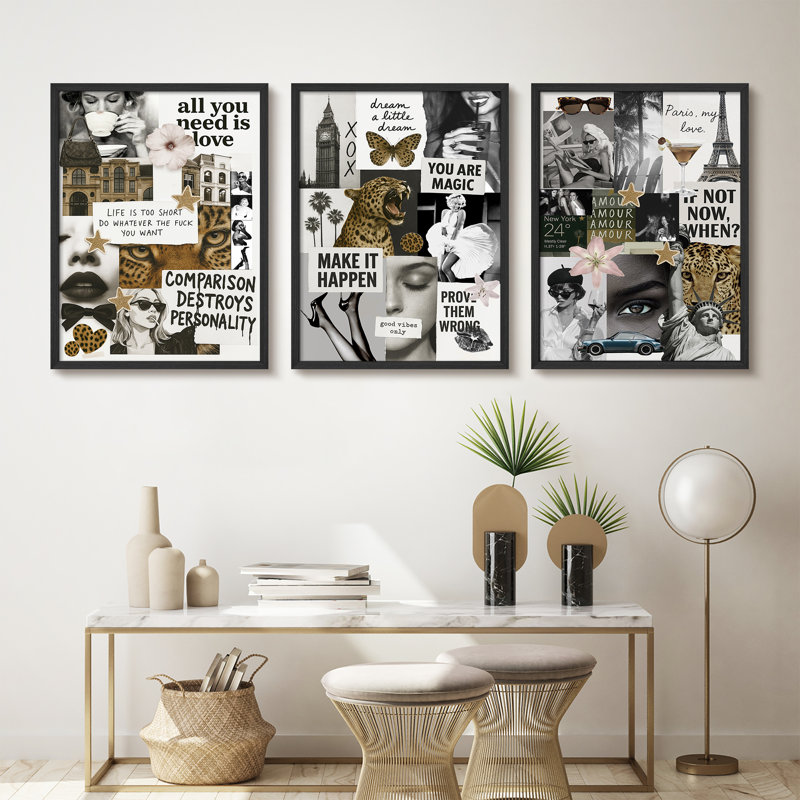 Ensemble d'art mural de collage encadré 3 pièces - impressions féminines pour bureau, dortoir ou vestiaire, H 16 po x l 12 po
