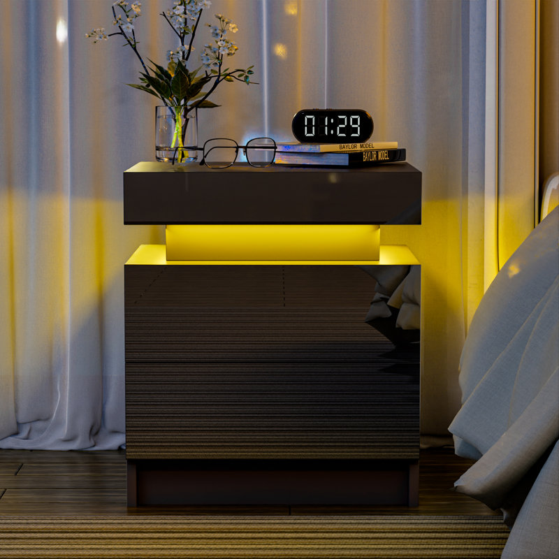 2 - Drawer Nightstand with APP Controlled LED Light and High Gloss Finish, Black