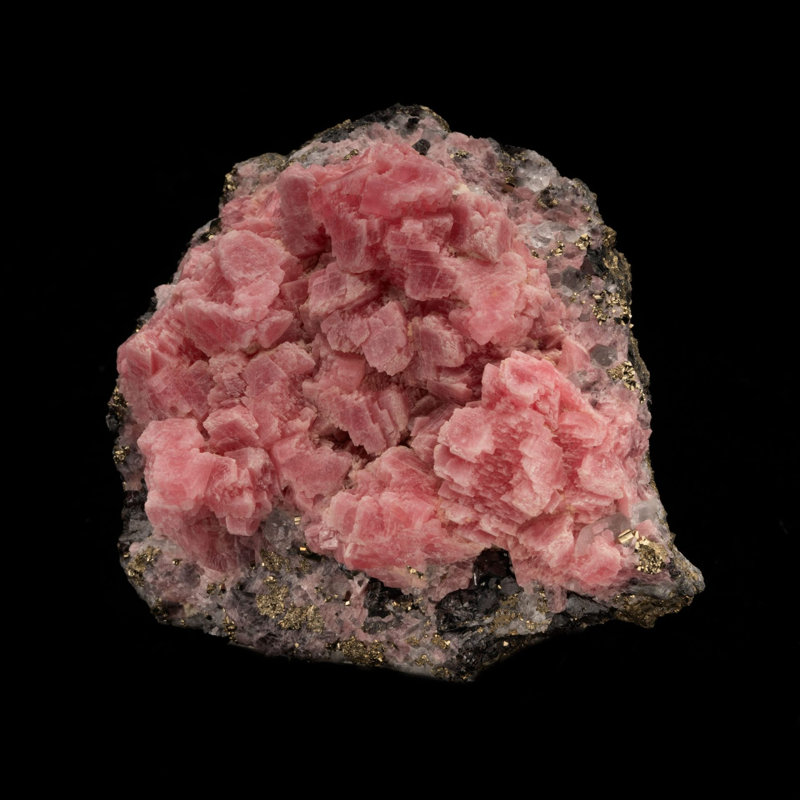 Rhodochrosite on Pyrite and Tetrahedrite From Peru