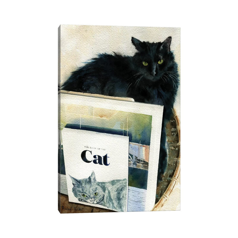 Black Cat Book Basket by Rachel Parker - Wrapped Canvas Painting, 66.04cm H x 45.72cm W x 1.91cm D