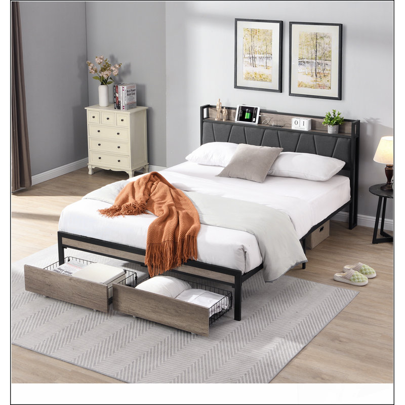 Base de lit tapissier durable avec rangement, tête de lit et doublure USB pour les chambres modernes