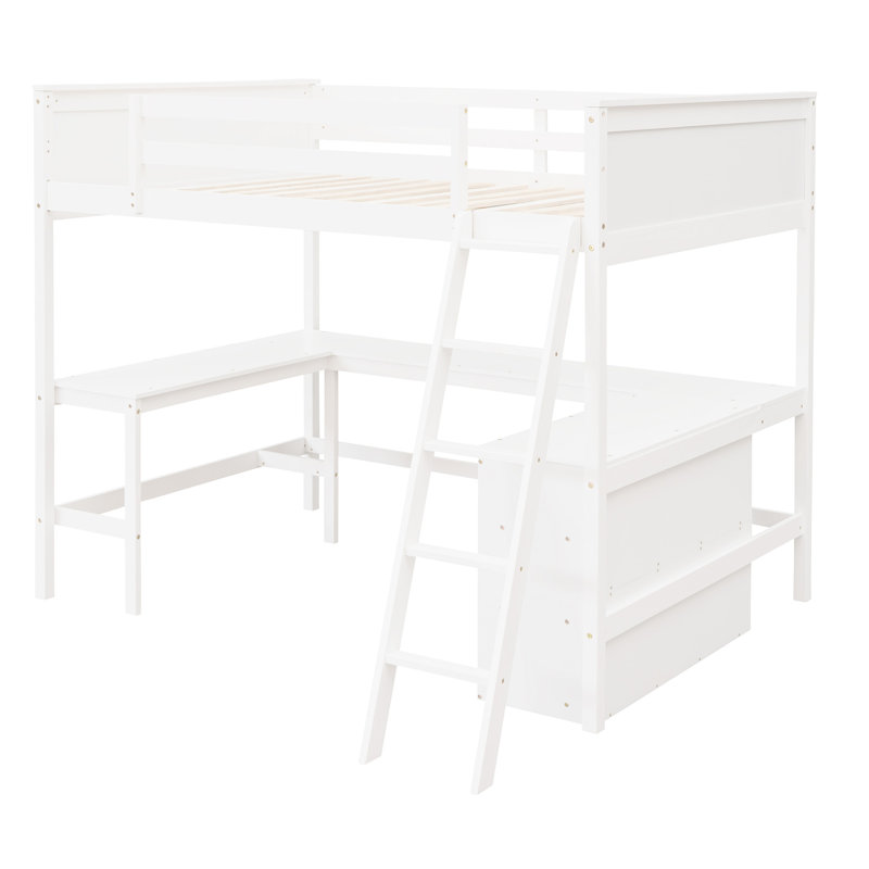 Lit mezzanine double avec tablettes et bureau en blanc, optimisez votre utilisation de l'espace, construction en bois de pin, idéal pour étudier et dormir sur des tablettes en bois blanc, améliorer la fonctionnalité de mise à niveau de l'utilisation,