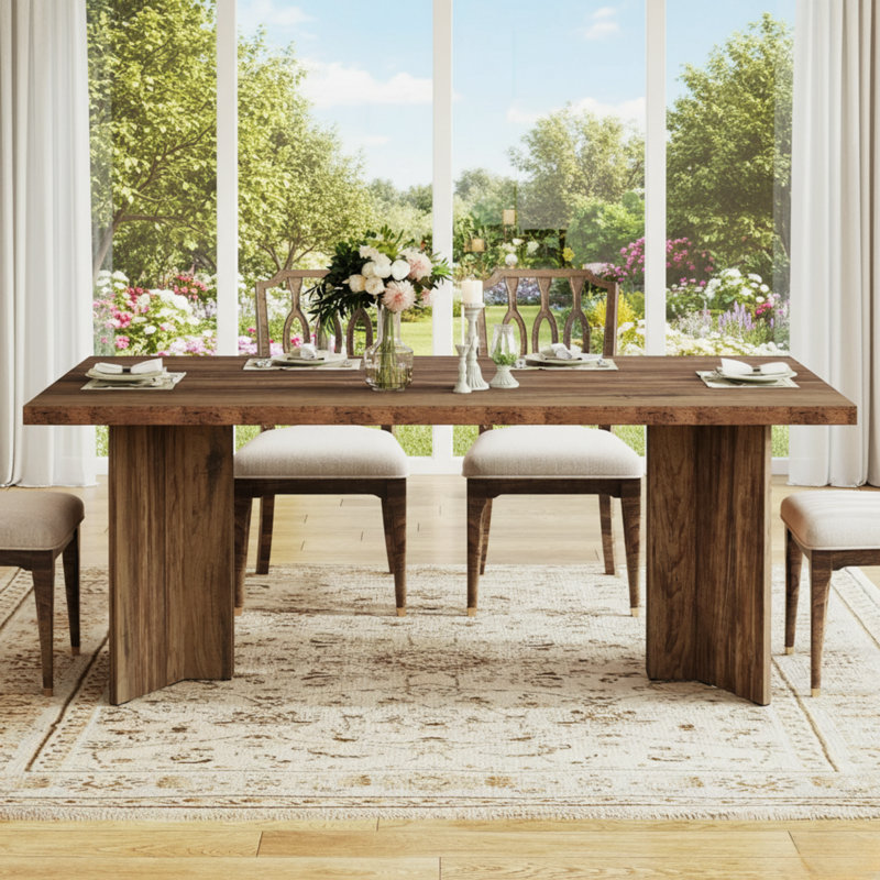 Table de salle à manger de style campagnard brun foncé, structure en bois, pouvant accueillir 4 à 6 personnes dans la cuisine.