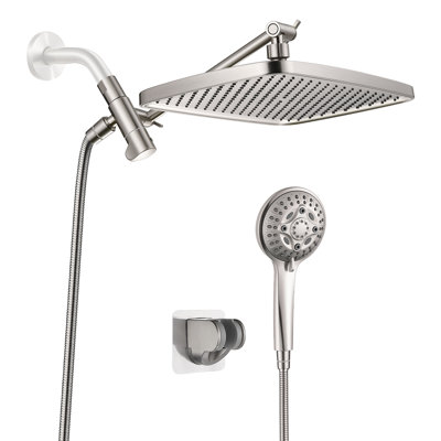 12-Inch Rain Dual Shower Head with Extension Arm Combo with 8-Spary Multifunction Handheld Spray Brushed Nickel