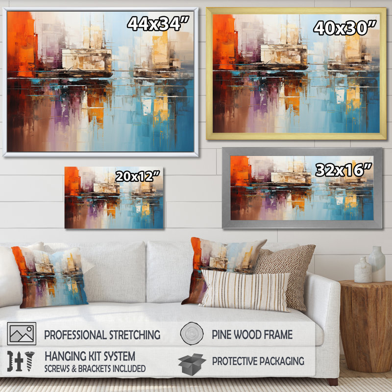 " Teal Canal Abstract Reflections Bold ", Gold Picture Framed, 16" H x 32" W x 1" D