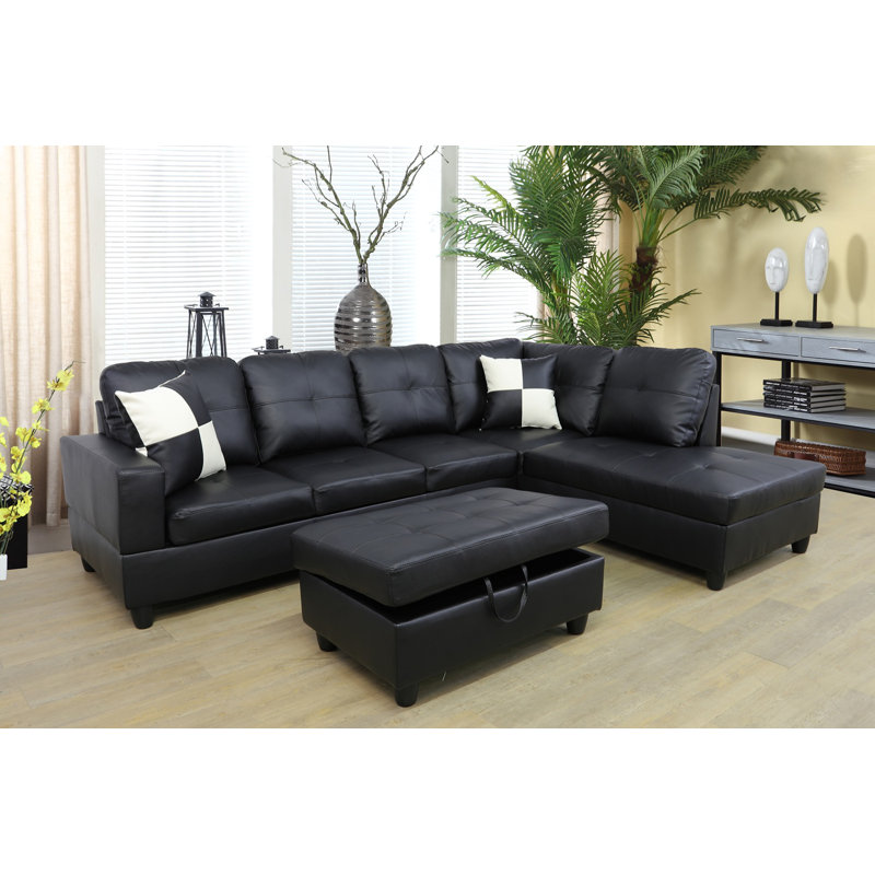 Brevard Faux Leather L-Shaped Sectional, Right Hand Facing, Black