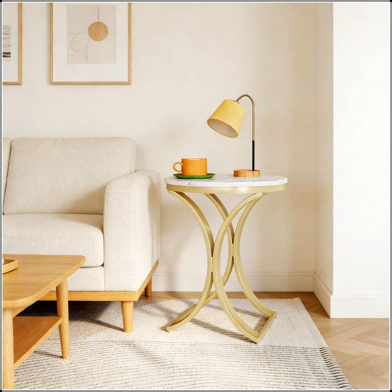 Table d'appoint polyvalente pour canapé, table basse ronde élégante, table basse étroite avec pattes en faux marbre et dorés