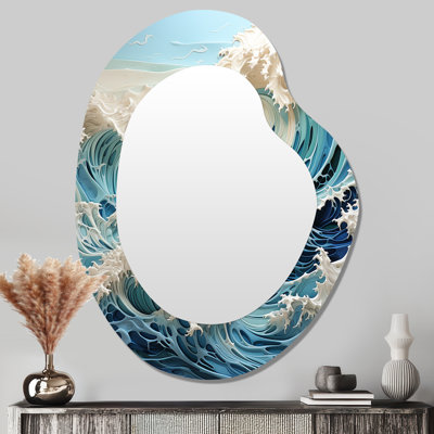 «Blue Kinetic Waves I» - grand miroir asymétrique d'art cinétique, décor de miroir mural unique de forme irrégulière sarcelle, impression d'art en métal