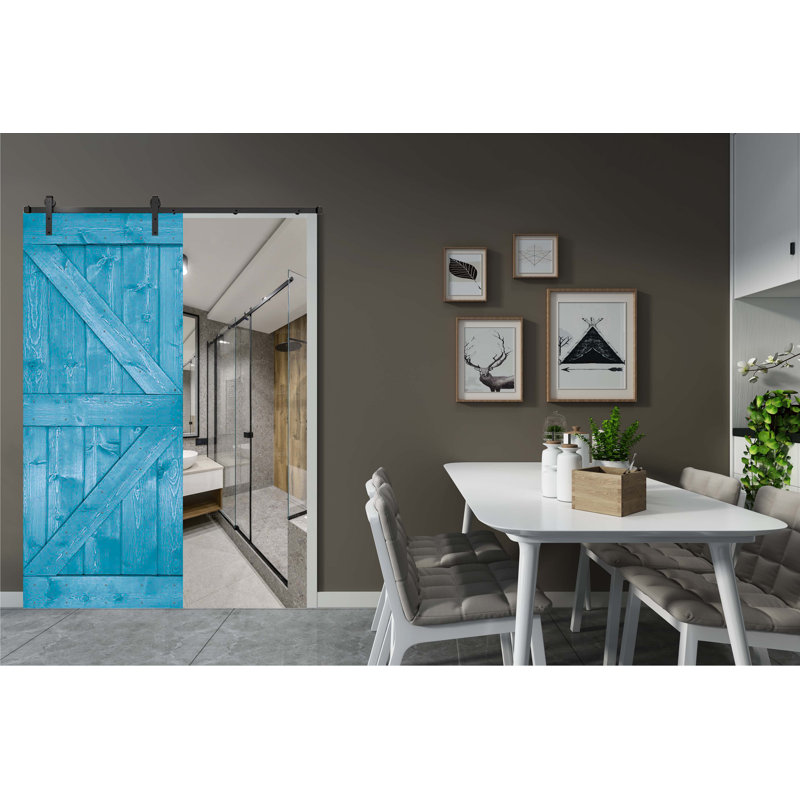 Porte de grange en bois massif DIY 3 en 1 pour chambres, espaces de rangement, placards, 46 po x 84 po, Bleu océan