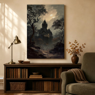 Château gothique dans une forêt brumeuse au clair de lune, tableau sur toile tendue sur châssis, ambiance sombre et fantastique, 61 cm x 91 cm, prêt à accrocher