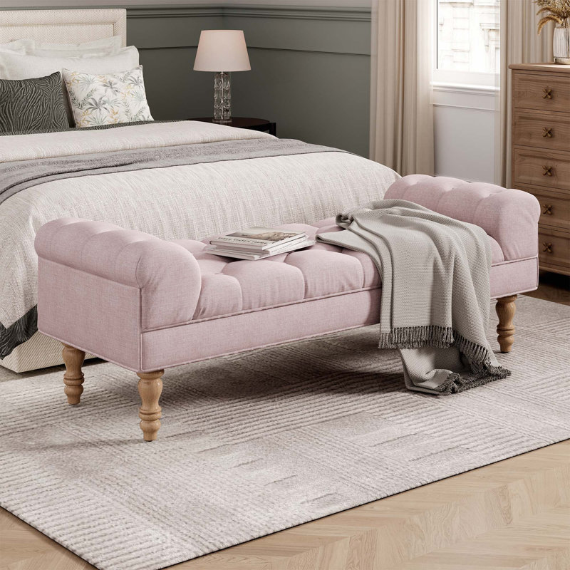 Banc de lit capitonné à boutons avec accoudoirs roulés pour la chambre à coucher, le salon et le vestibule, Rose