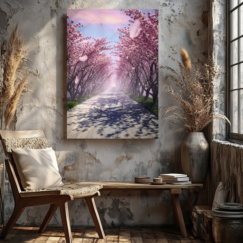 Toile, un sentier serein orné de fleurs de cerisier en fleurs créant un art mural, H 12 po x l 9 po