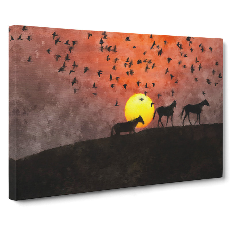 Birds And Horses At Sunset - Wrapped Canvas, 40cm H x 60cm W x 3cm D