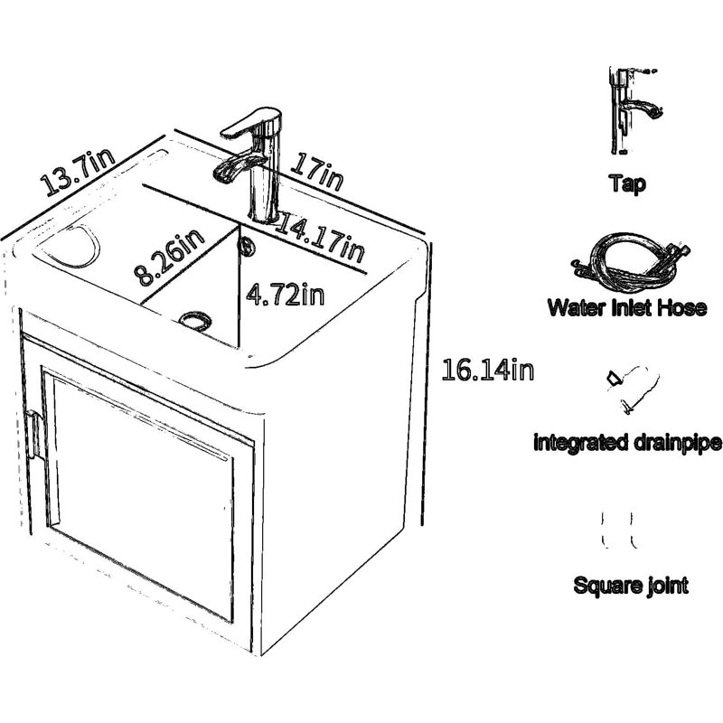 Ensemble de meuble-lavabo mural avec lavabo et robinet en céramique, système de drainage complet, conception peu encombrante pour les petites salles de bain