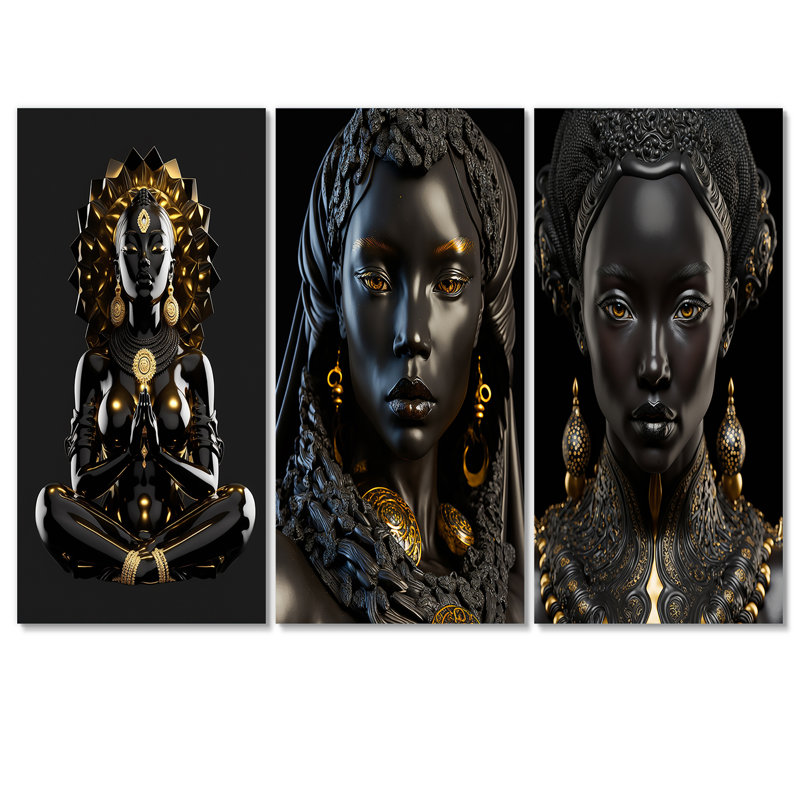 Déesse africaine noire et dorée en lotus 3 pièces, H 28 po x l 36 po x P 1 po