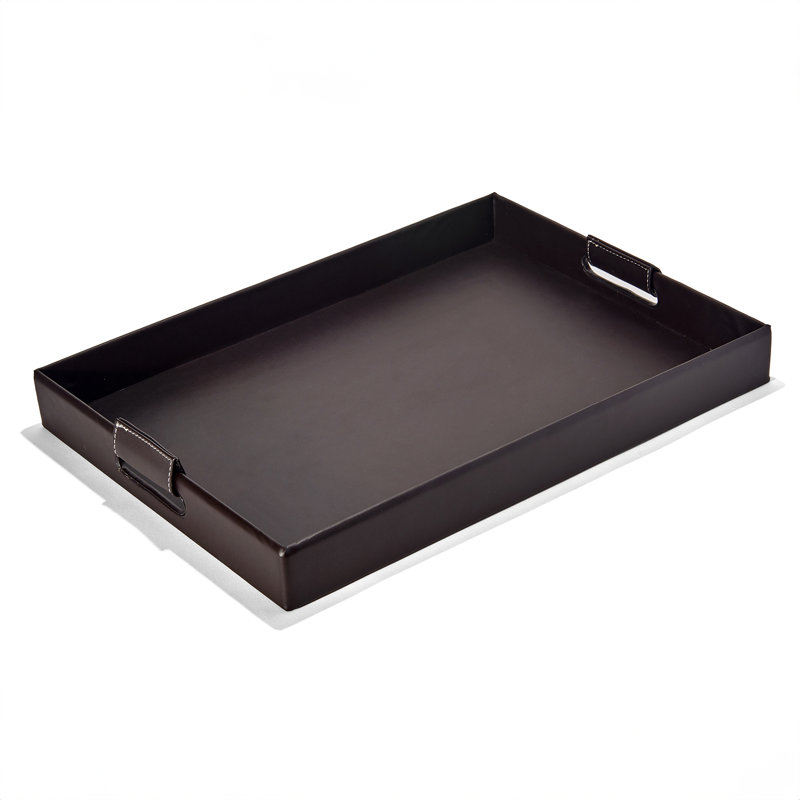 Faux Leather Rectangular Tray With Handles, Dark Brown