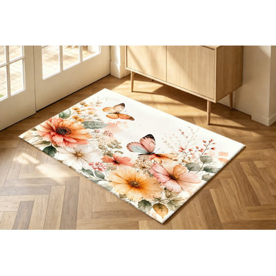 Tapis floral rétro à motif aquarelle papillon, motif délicat d'insectes en fleurs, tapis antidérapant doux et durable lavable à la machine, décoration intérieure élégante et vibrante pour le salon, la chambre à coucher, le couloir, la cuisine, un appartement, un dortoir