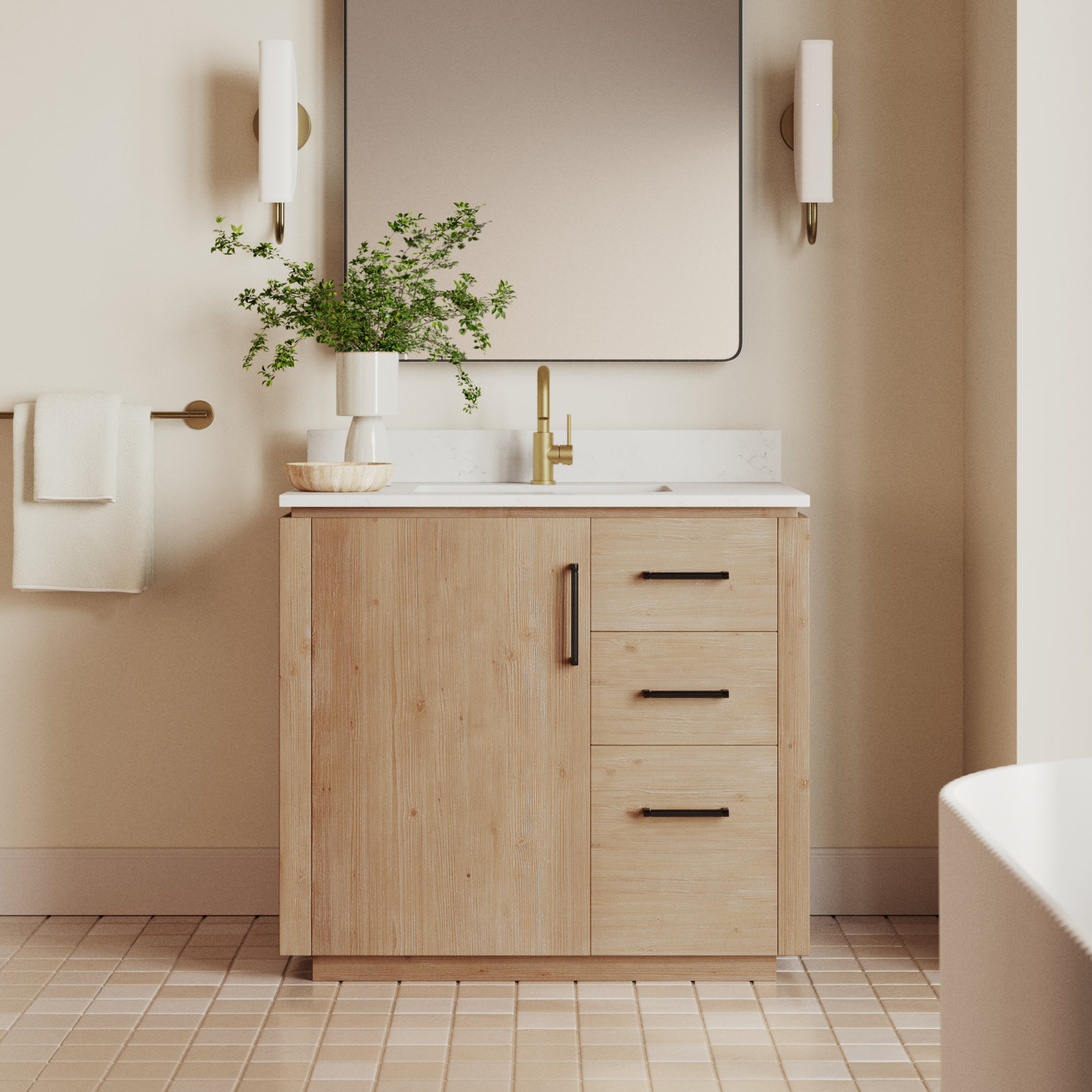 Cloverfield 36'' Single Bathroom Vanity, Fir Wood Brown, Matte Black