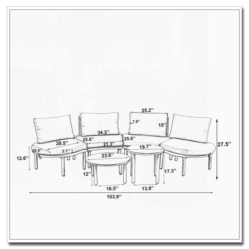 Canapé modulaire d'extérieur demi-lune avec 2 tables basses High-Low, 6, Beige