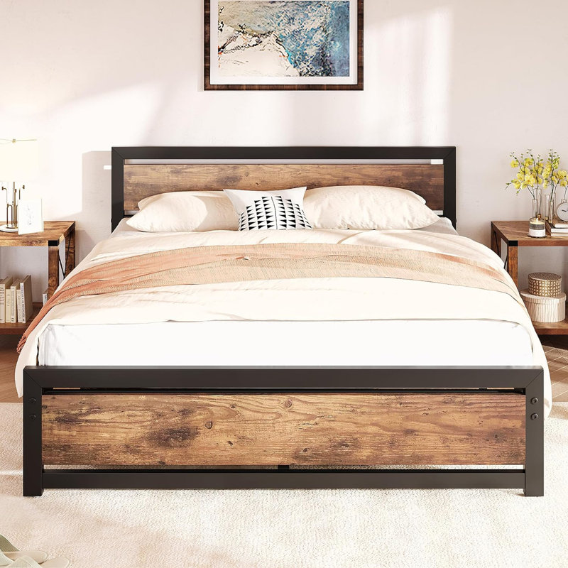 Bed Frame, Industrial Platform Bed With Headboard Footboard, Metal And Wooden Bed Frame, Heavy Duty Steel Slats Support, No Box Spring Needed Non-Slip Noise Free, Rustic Brown