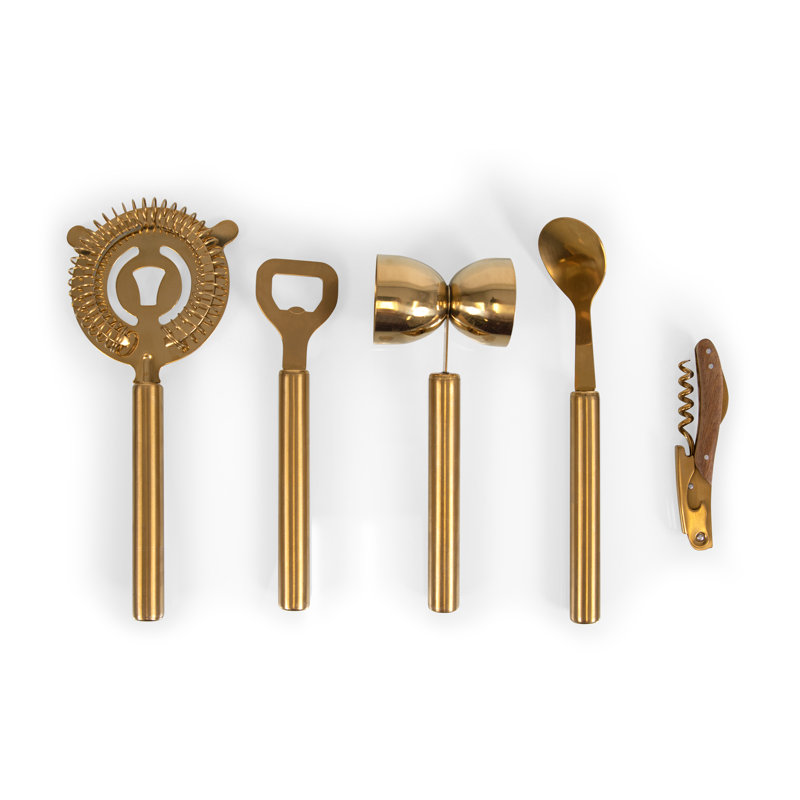 Acacia Wood and Brass 5-Piece Bar Tool Set with Strainer and Jigger
