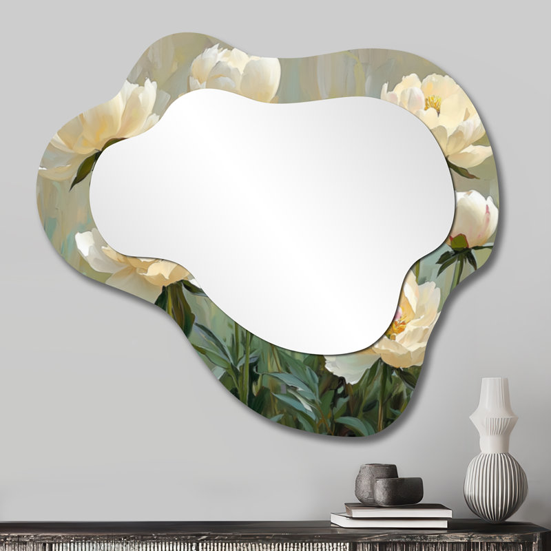Été pivoines dans le jardin des herbes I - miroir asymétrique irrégulier pivoines, miroir mural traditionnel, imprimé sur métal