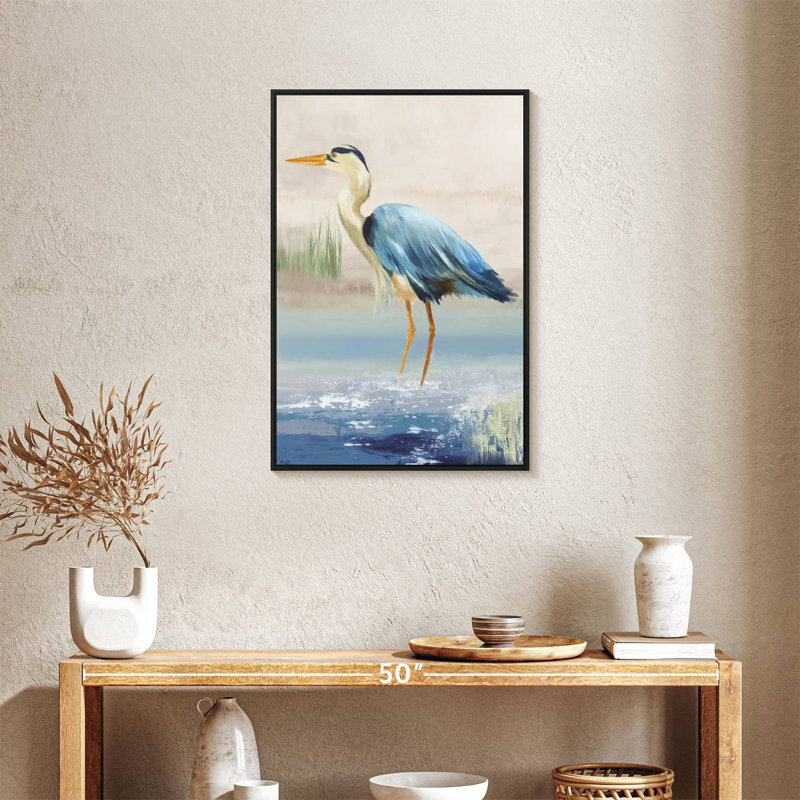 Héron sur la plage, Cadre flottant noir, 21 po x 31 po