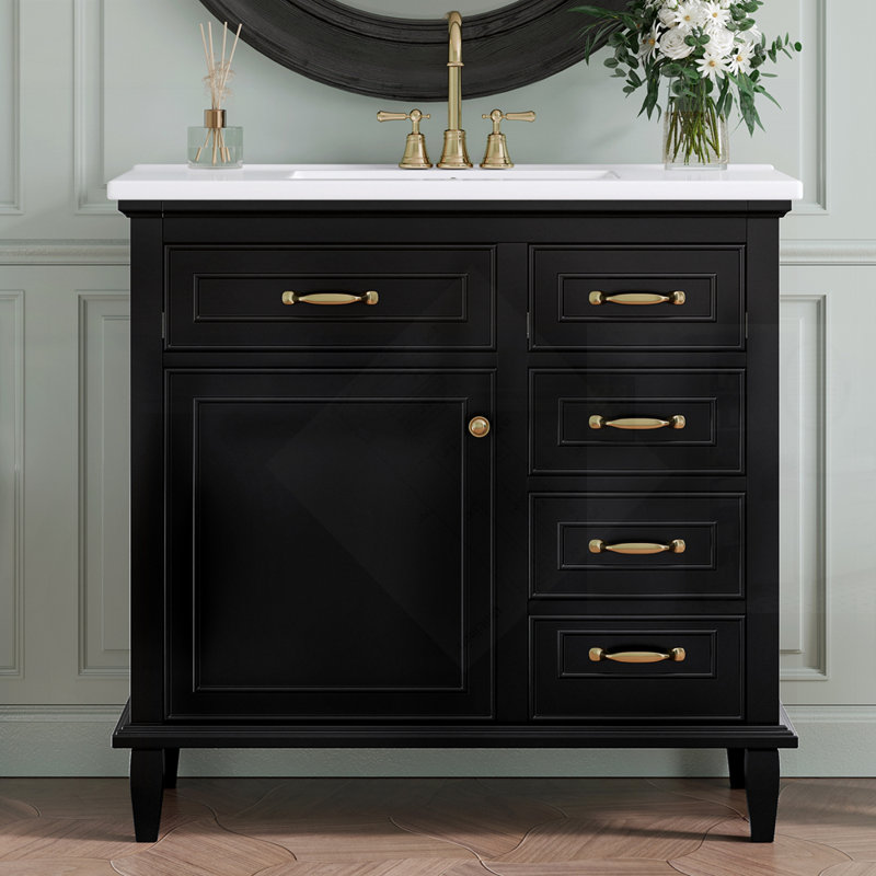 Meuble-lavabo de salle de bain avec lavabo en céramique, structure en bois massif, armoire en bois aggloméré et peuplier, tiroirs rabattables, tablette réglable et poignées en alliage de zinc